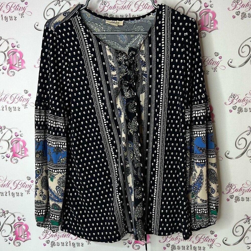 Style & Co. Black and Blue Boho Blouse paisley print tie up front flowy bubble